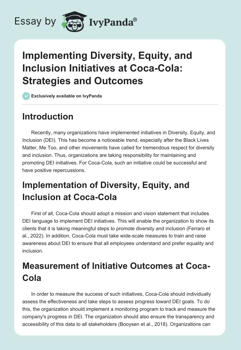 Implementing Diversity, Equity, and Inclusion Initiatives at Coca-Cola: Strategies and Outcomes. Page 1