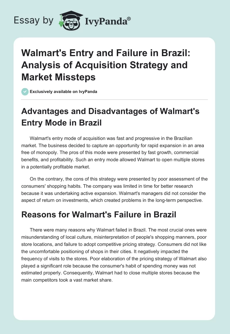 Walmart's Entry and Failure in Brazil: Analysis of Acquisition Strategy and Market Missteps. Page 1