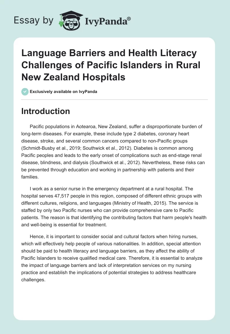 Language Barriers and Health Literacy Challenges of Pacific Islanders in Rural New Zealand Hospitals. Page 1