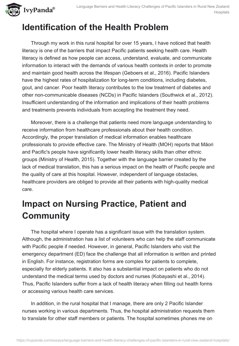 Language Barriers and Health Literacy Challenges of Pacific Islanders in Rural New Zealand Hospitals. Page 2