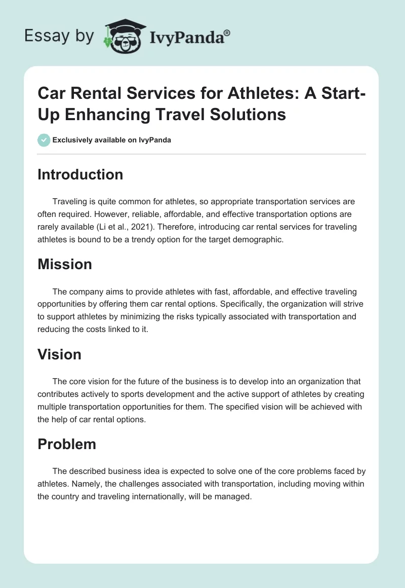 Car Rental Services for Athletes: A Start-Up Enhancing Travel Solutions. Page 1