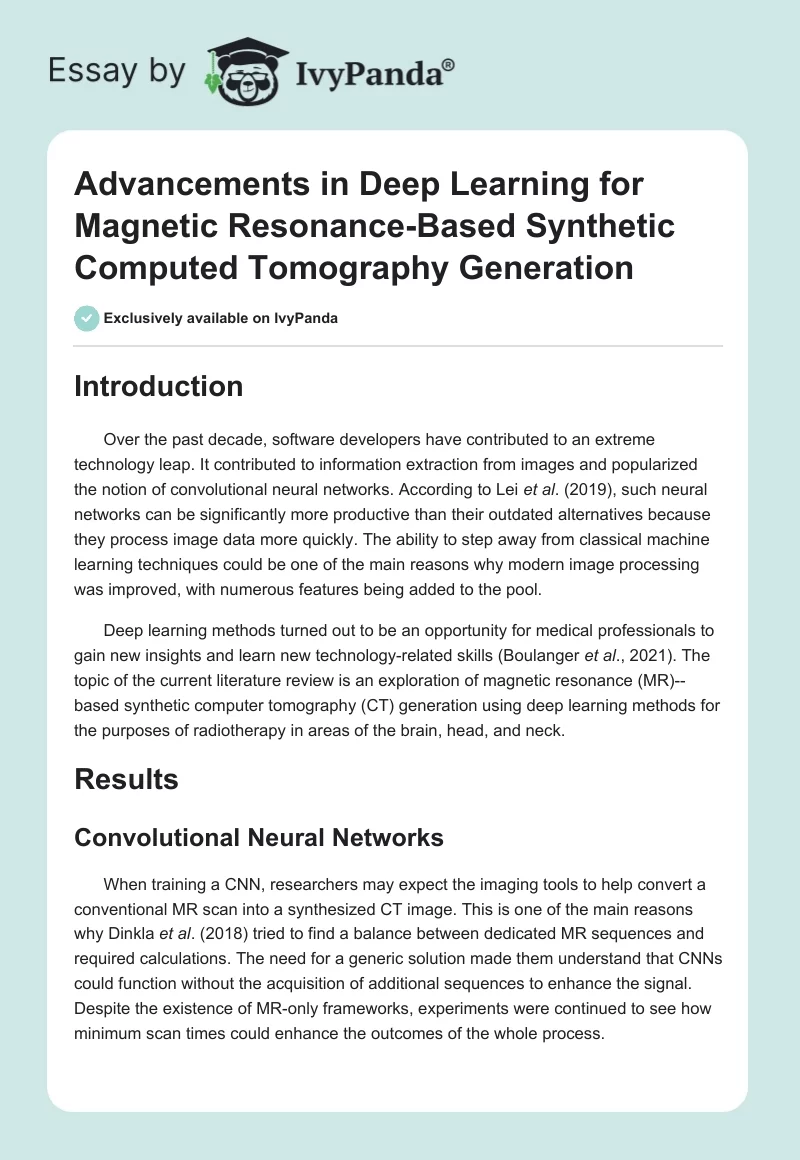 Advancements in Deep Learning for Magnetic Resonance-Based Synthetic Computed Tomography Generation. Page 1