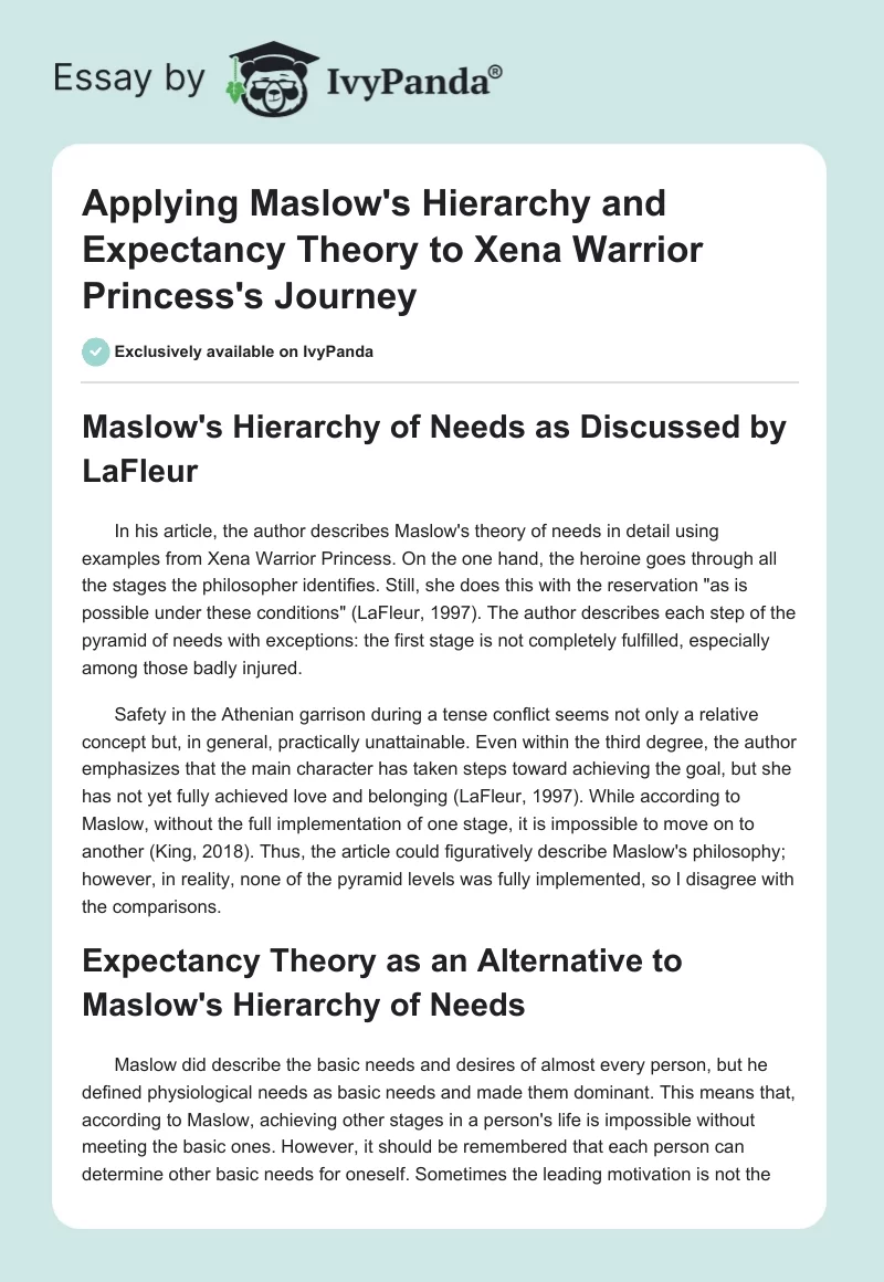 Applying Maslow's Hierarchy and Expectancy Theory to Xena Warrior Princess's Journey. Page 1