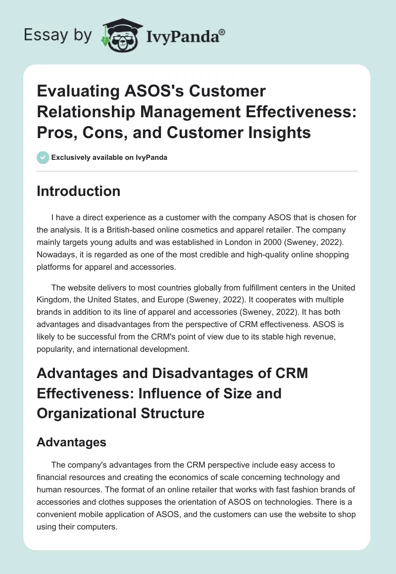 Evaluating ASOS's Customer Relationship Management Effectiveness: Pros, Cons, and Customer Insights. Page 1