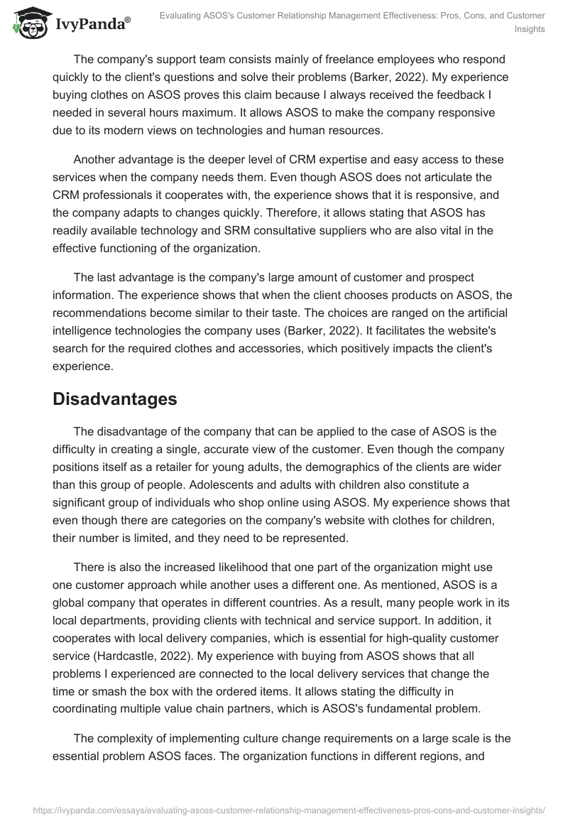 Evaluating ASOS's Customer Relationship Management Effectiveness: Pros, Cons, and Customer Insights. Page 2