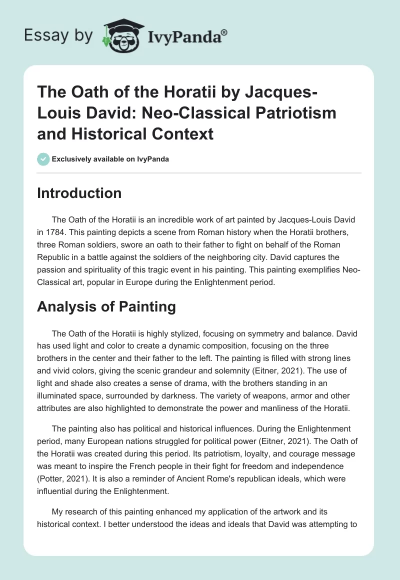 The Oath of the Horatii by Jacques-Louis David: Neo-Classical Patriotism and Historical Context. Page 1