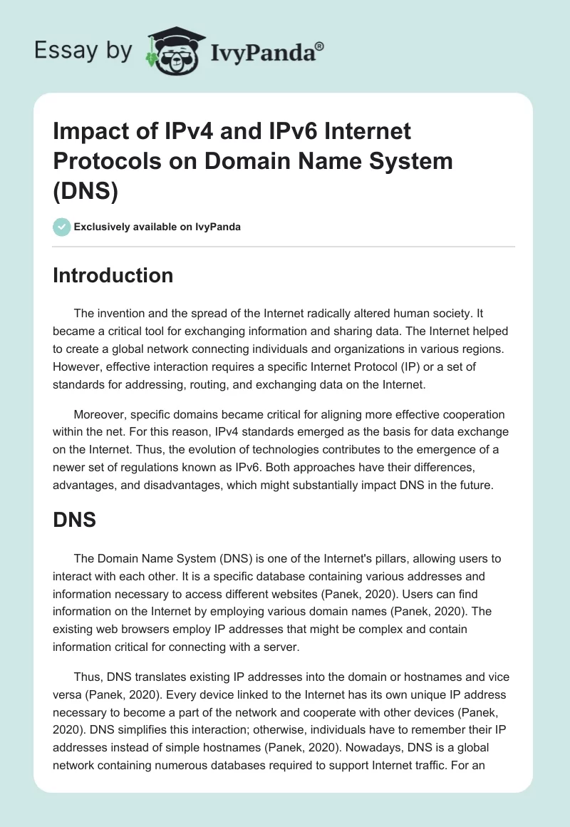 Impact of IPv4 and IPv6 Internet Protocols on Domain Name System (DNS). Page 1