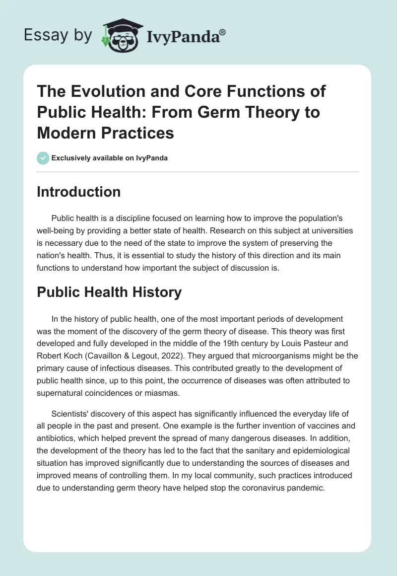 The Evolution and Core Functions of Public Health: From Germ Theory to Modern Practices. Page 1