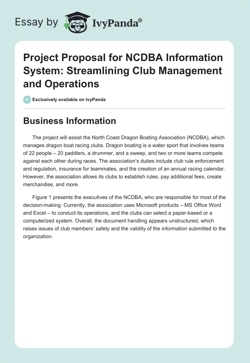 Project Proposal for NCDBA Information System: Streamlining Club Management and Operations. Page 1