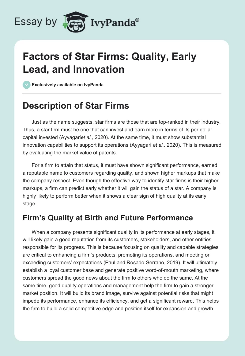 Factors of Star Firms: Quality, Early Lead, and Innovation. Page 1