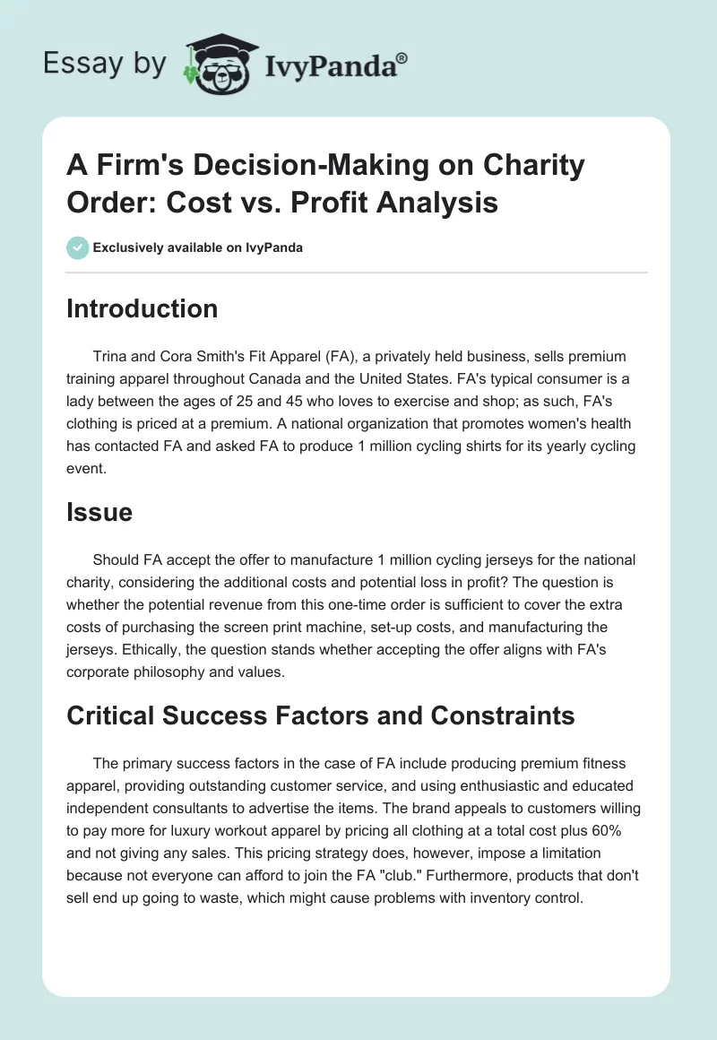 A Firm's Decision-Making on Charity Order: Cost vs. Profit Analysis. Page 1