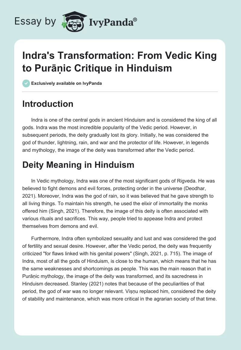 Indra's Transformation: From Vedic King to Purāṇic Critique in Hinduism. Page 1