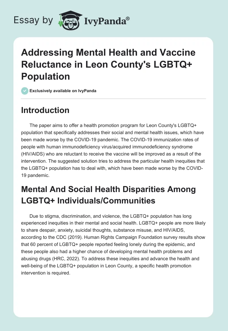 Addressing Mental Health and Vaccine Reluctance in Leon County's LGBTQ+ Population. Page 1