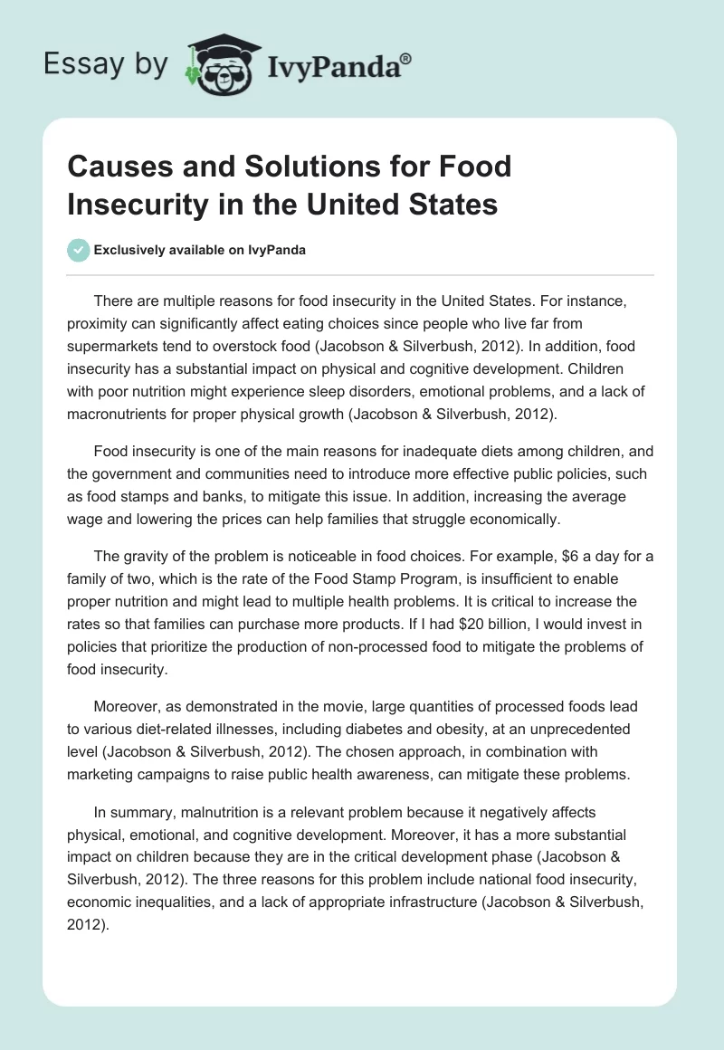 Causes and Solutions for Food Insecurity in the United States. Page 1