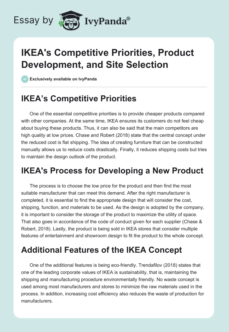 IKEA's Competitive Priorities, Product Development, and Site Selection. Page 1