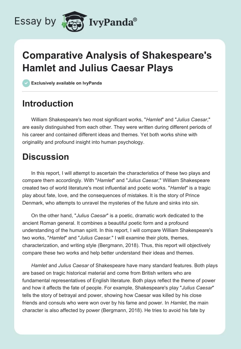 Comparative Analysis of Shakespeare's "Hamlet" and "Julius Caesar" Plays. Page 1