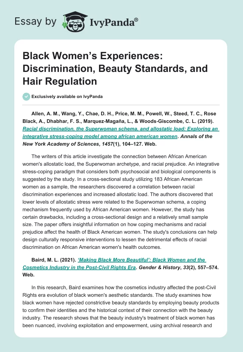 Black Women’s Experiences: Discrimination, Beauty Standards, and Hair Regulation. Page 1