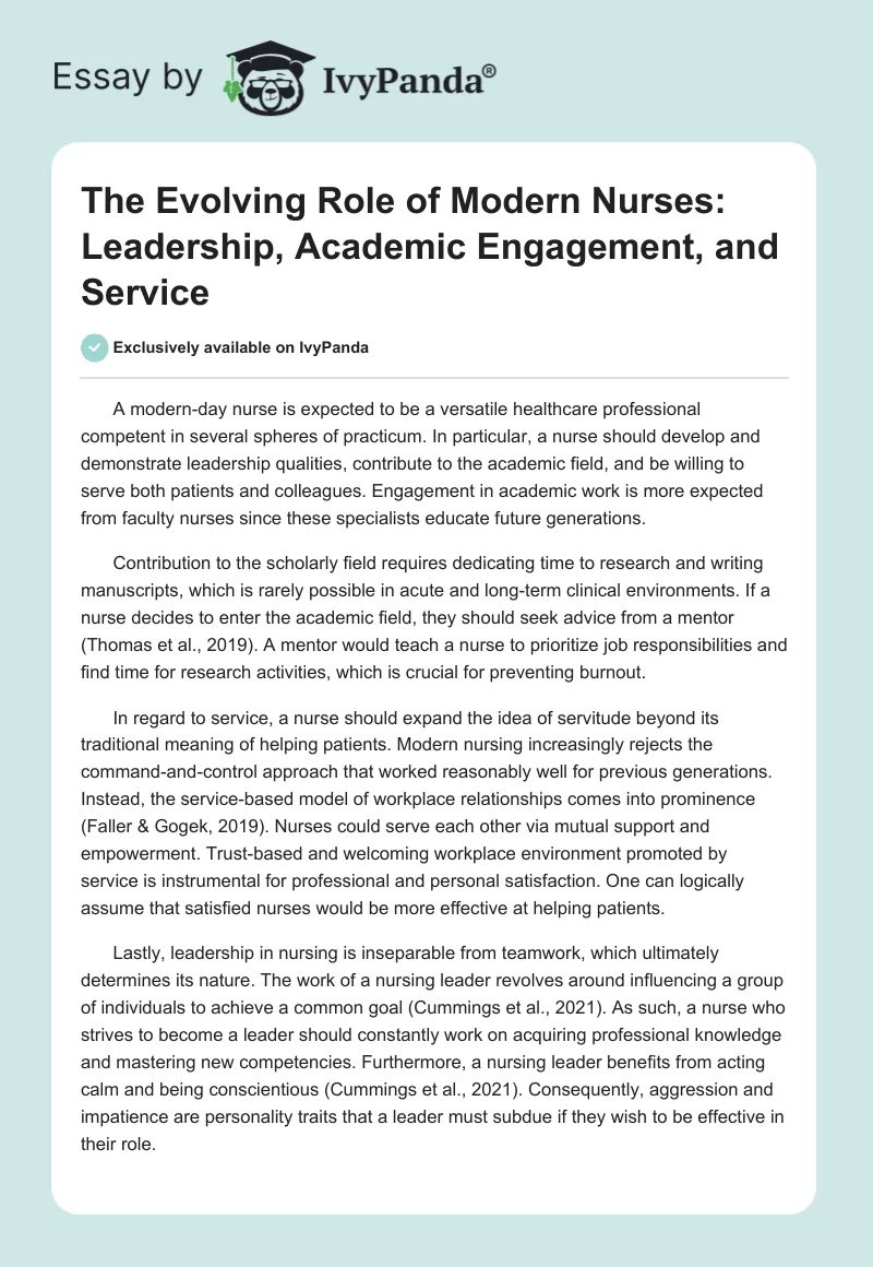 The Evolving Role of Modern Nurses: Leadership, Academic Engagement, and Service. Page 1