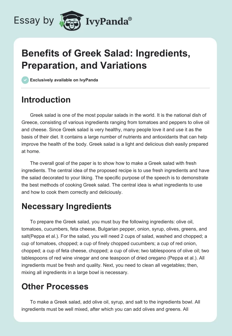 Benefits of Greek Salad: Ingredients, Preparation, and Variations. Page 1