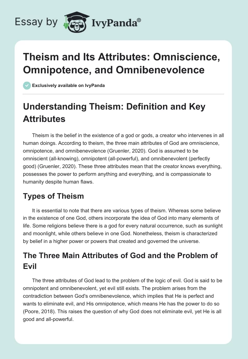 Theism and Its Attributes: Omniscience, Omnipotence, and Omnibenevolence. Page 1