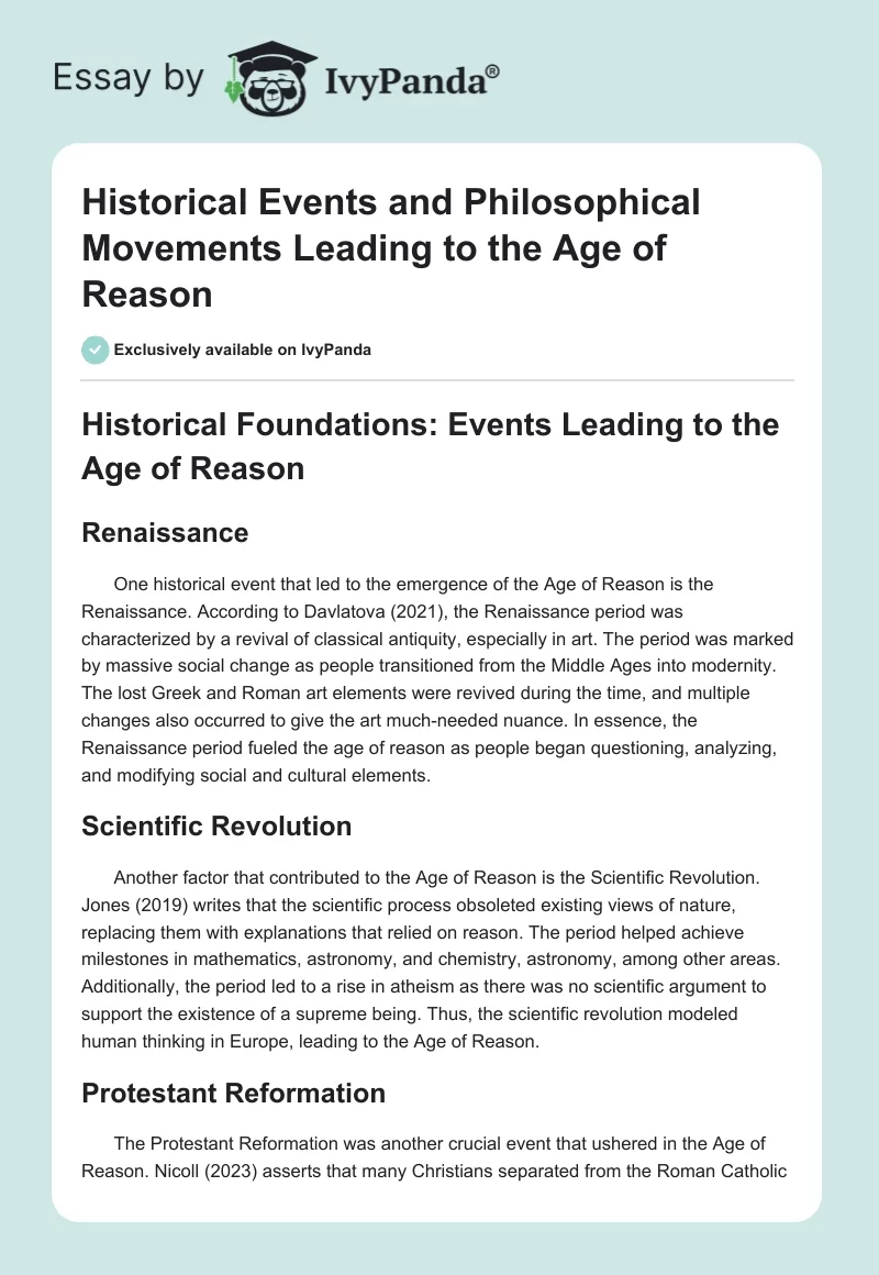 Historical Events and Philosophical Movements Leading to the Age of Reason. Page 1