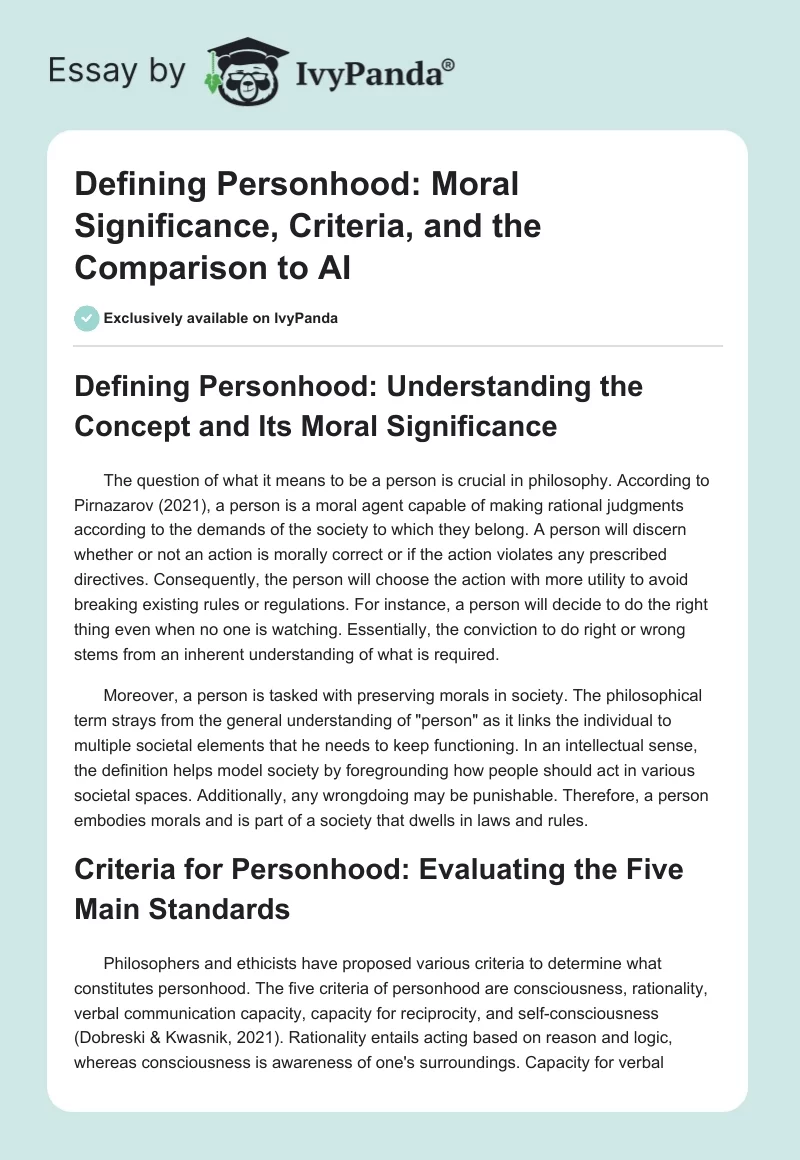 Defining Personhood: Moral Significance, Criteria, and the Comparison to AI. Page 1