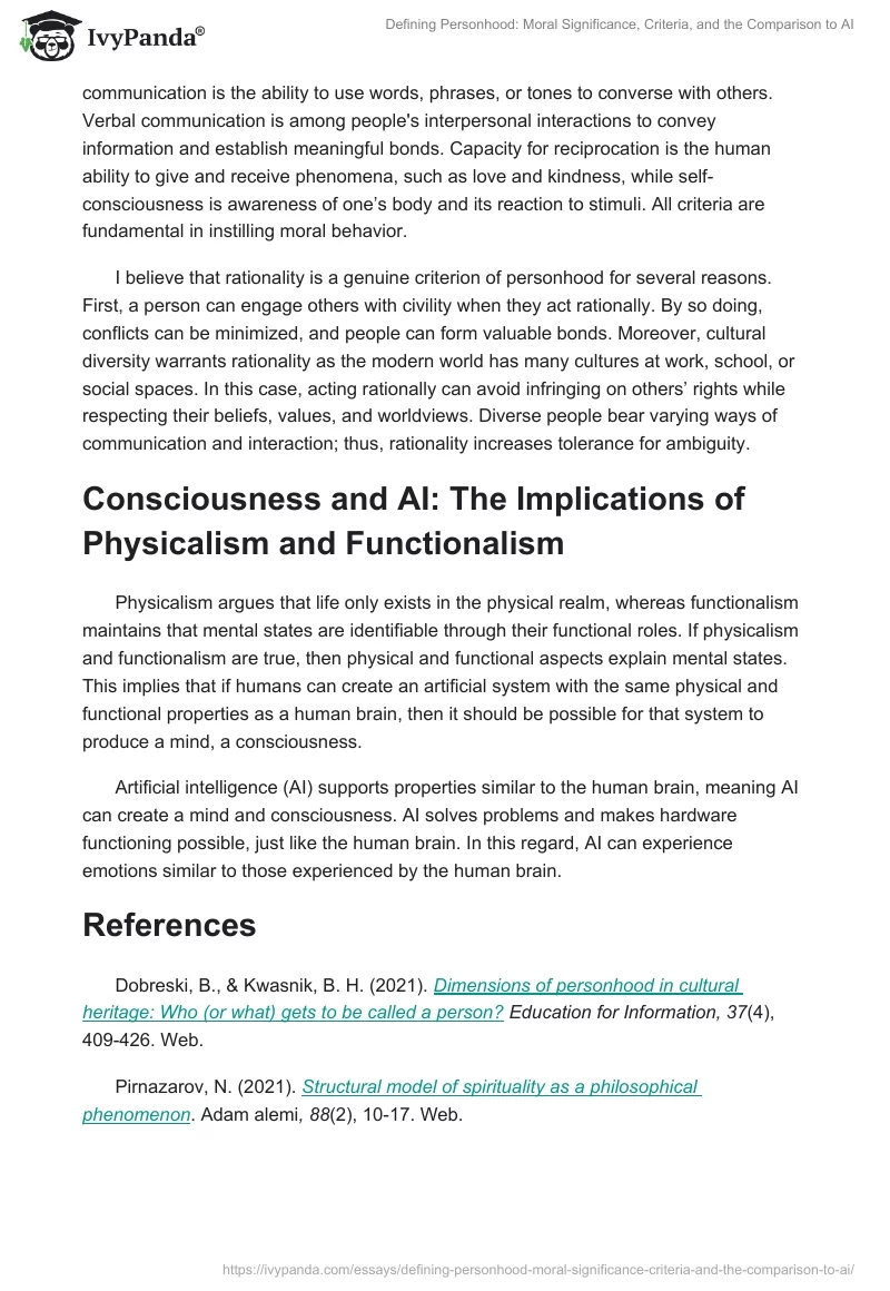 Defining Personhood: Moral Significance, Criteria, and the Comparison to AI. Page 2