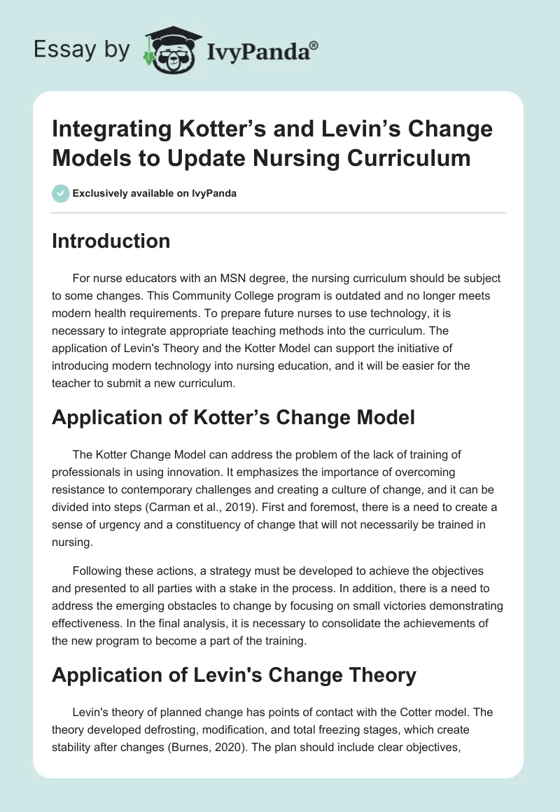 Integrating Kotter’s and Levin’s Change Models to Update Nursing Curriculum. Page 1