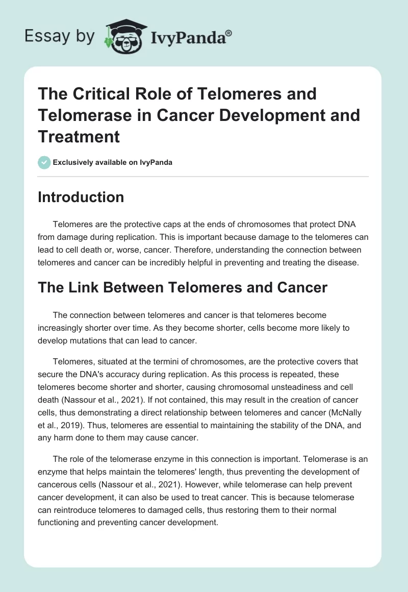 The Critical Role of Telomeres and Telomerase in Cancer Development and Treatment. Page 1