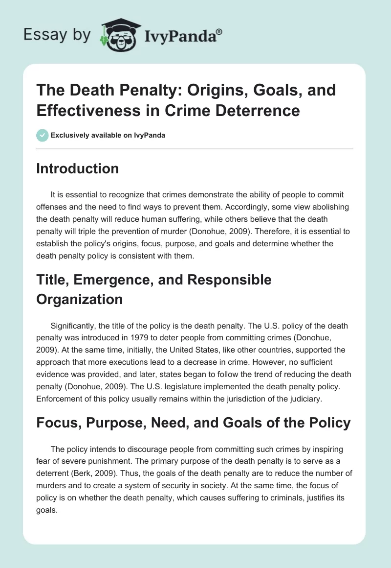 The Death Penalty: Origins, Goals, and Effectiveness in Crime Deterrence. Page 1