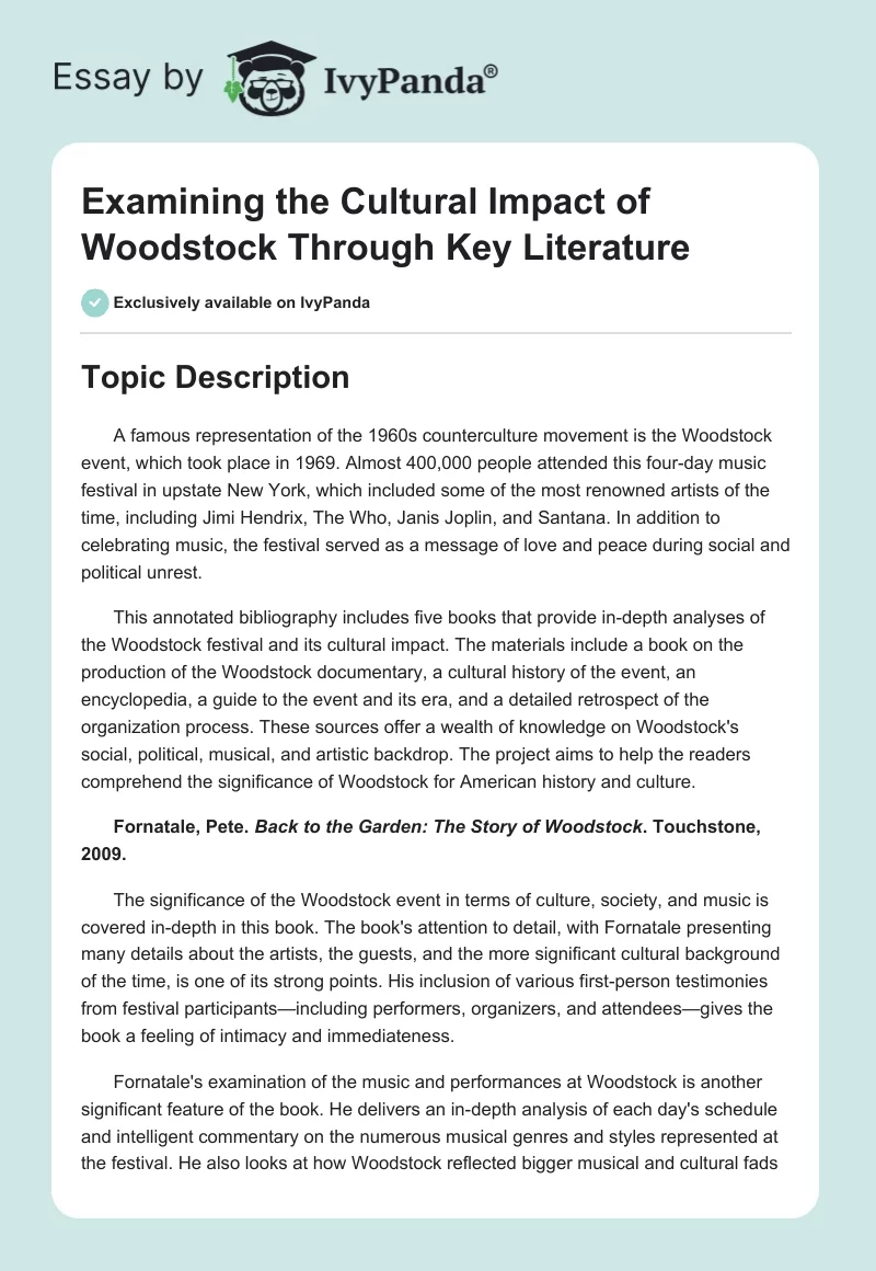 Examining the Cultural Impact of Woodstock Through Key Literature. Page 1