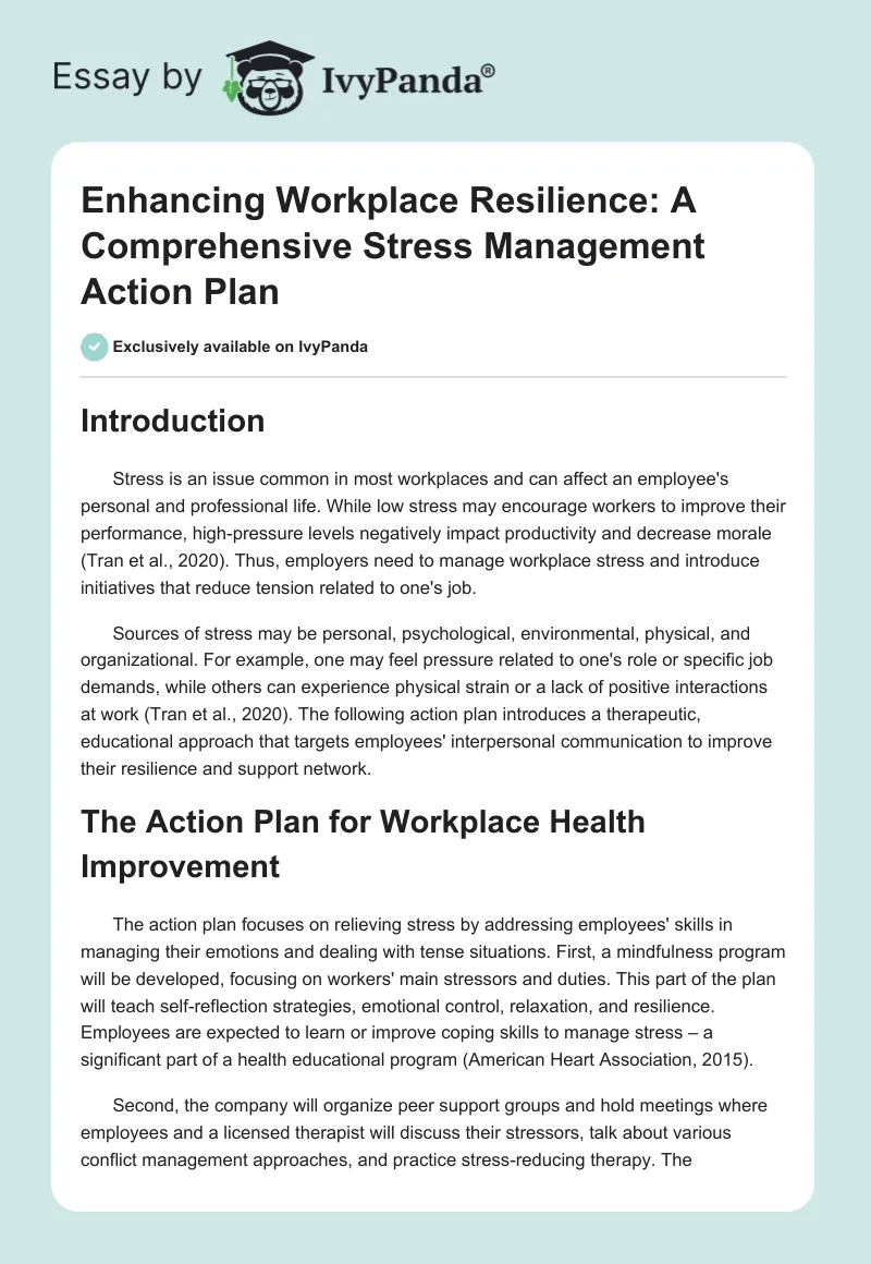 Enhancing Workplace Resilience: A Comprehensive Stress Management Action Plan. Page 1