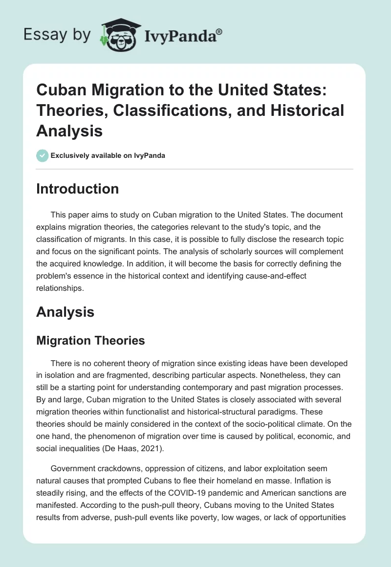 Cuban Migration to the United States: Theories, Classifications, and Historical Analysis. Page 1