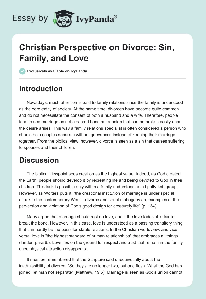 Christian Perspective on Divorce: Sin, Family, and Love. Page 1