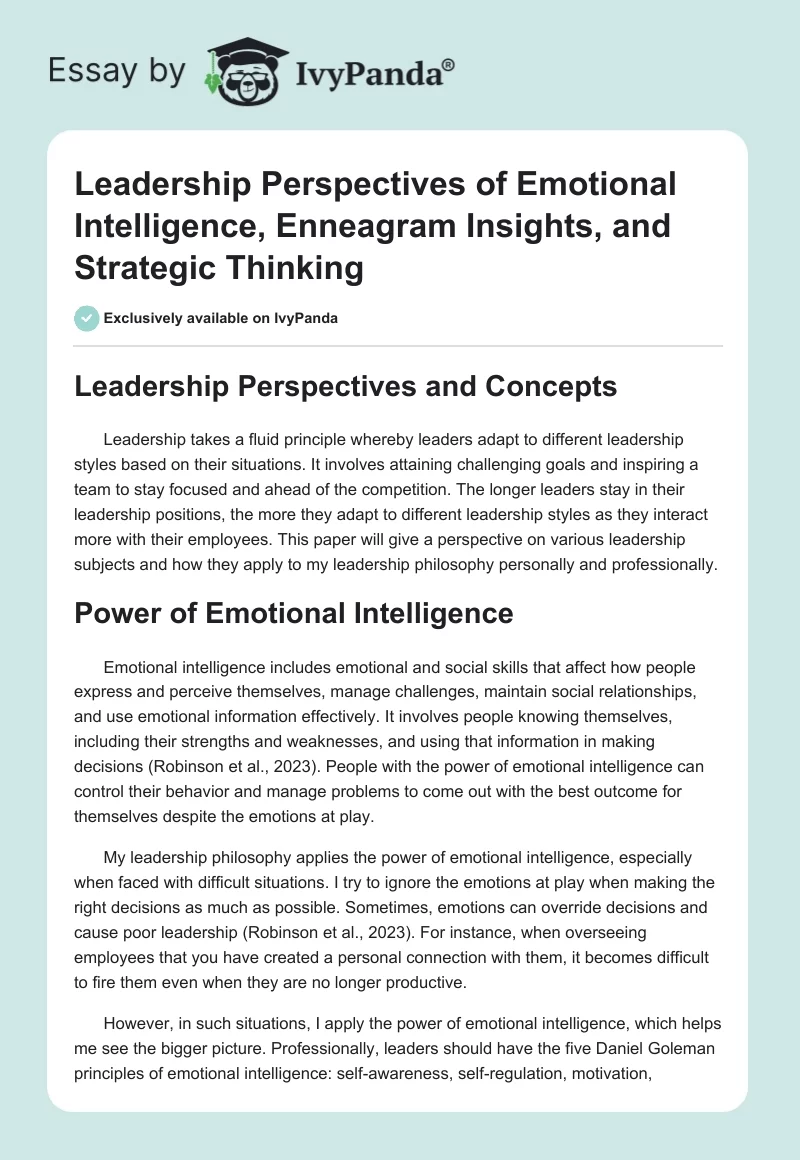 Leadership Perspectives of Emotional Intelligence, Enneagram Insights, and Strategic Thinking. Page 1