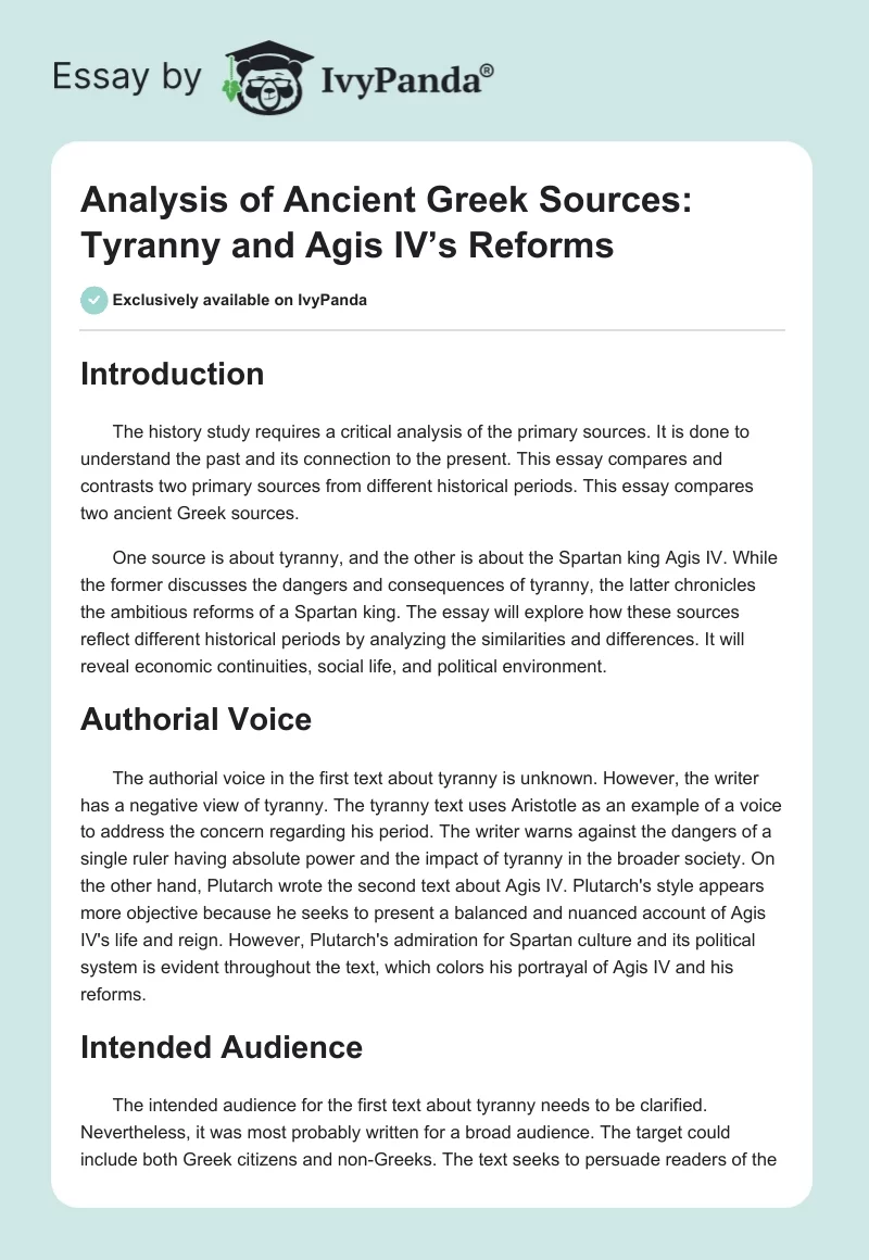 Analysis of Ancient Greek Sources: Tyranny and Agis IV’s Reforms. Page 1