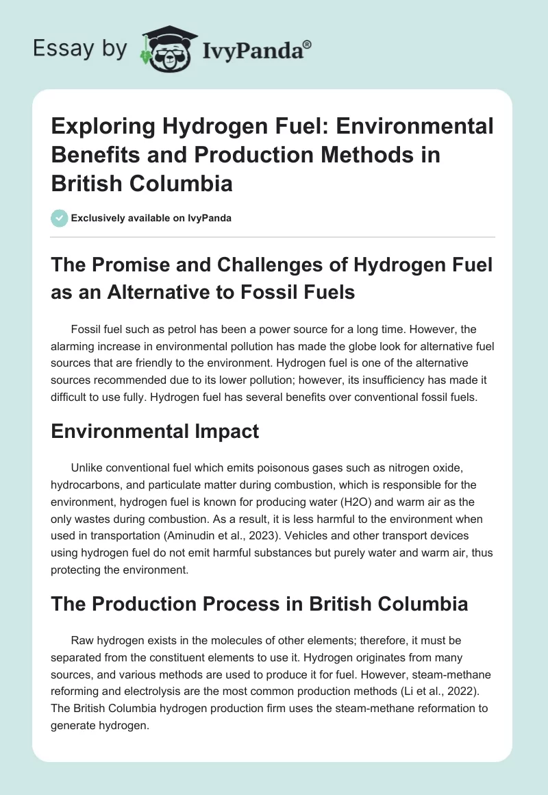 Exploring Hydrogen Fuel: Environmental Benefits and Production Methods in British Columbia. Page 1