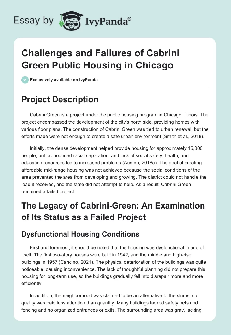 Challenges and Failures of Cabrini Green Public Housing in Chicago. Page 1