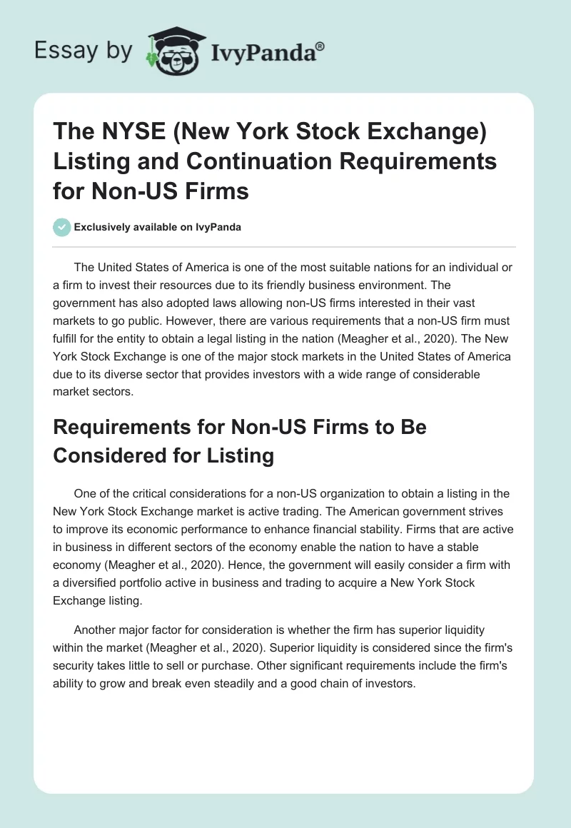 The NYSE (New York Stock Exchange) Listing and Continuation Requirements for Non-US Firms. Page 1