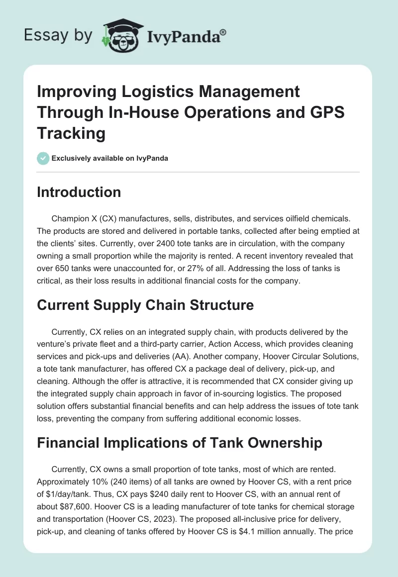 Improving Logistics Management Through In-House Operations and GPS Tracking. Page 1