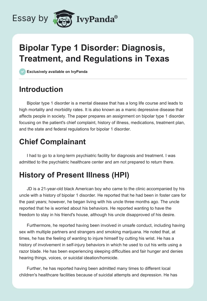 Bipolar Type 1 Disorder: Diagnosis, Treatment, and Regulations in Texas. Page 1