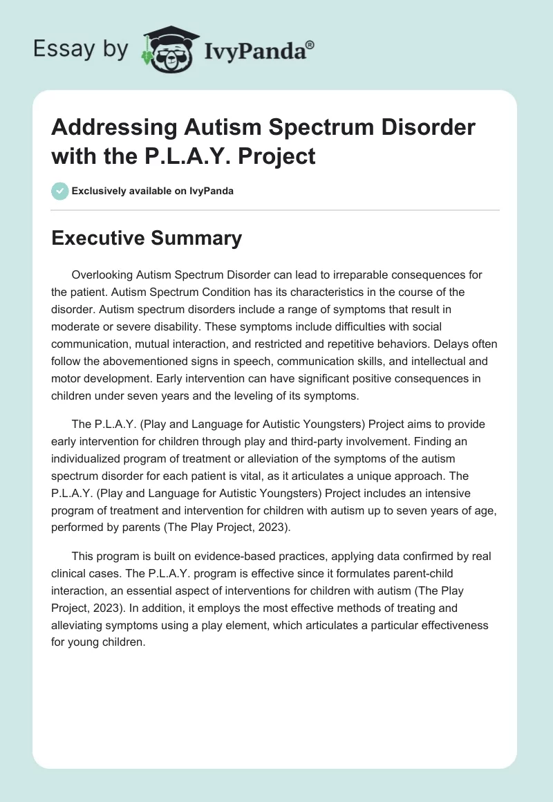 Addressing Autism Spectrum Disorder with the P.L.A.Y. Project. Page 1