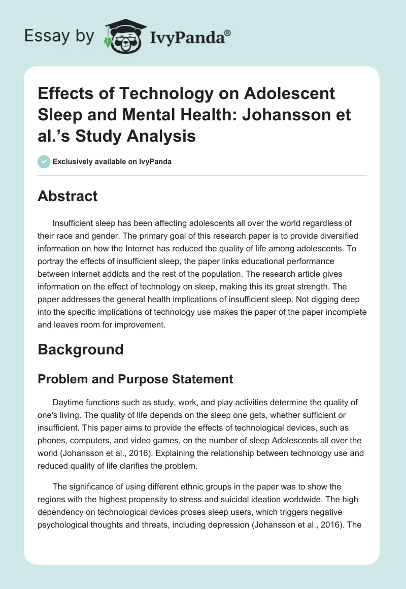 Effects of Technology on Adolescent Sleep and Mental Health: Johansson et al.’s Study Analysis. Page 1