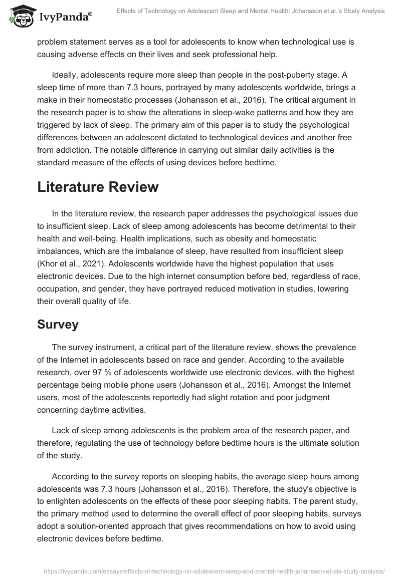 Effects of Technology on Adolescent Sleep and Mental Health: Johansson et al.’s Study Analysis. Page 2