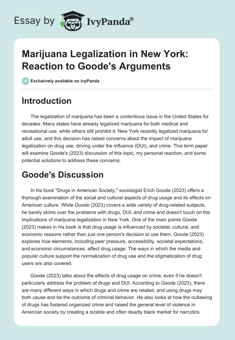 Marijuana Legalization in New York: Reaction to Goode's Arguments. Page 1