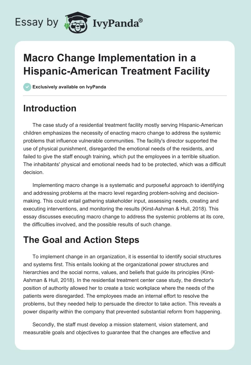 Macro Change Implementation in a Hispanic-American Treatment Facility. Page 1