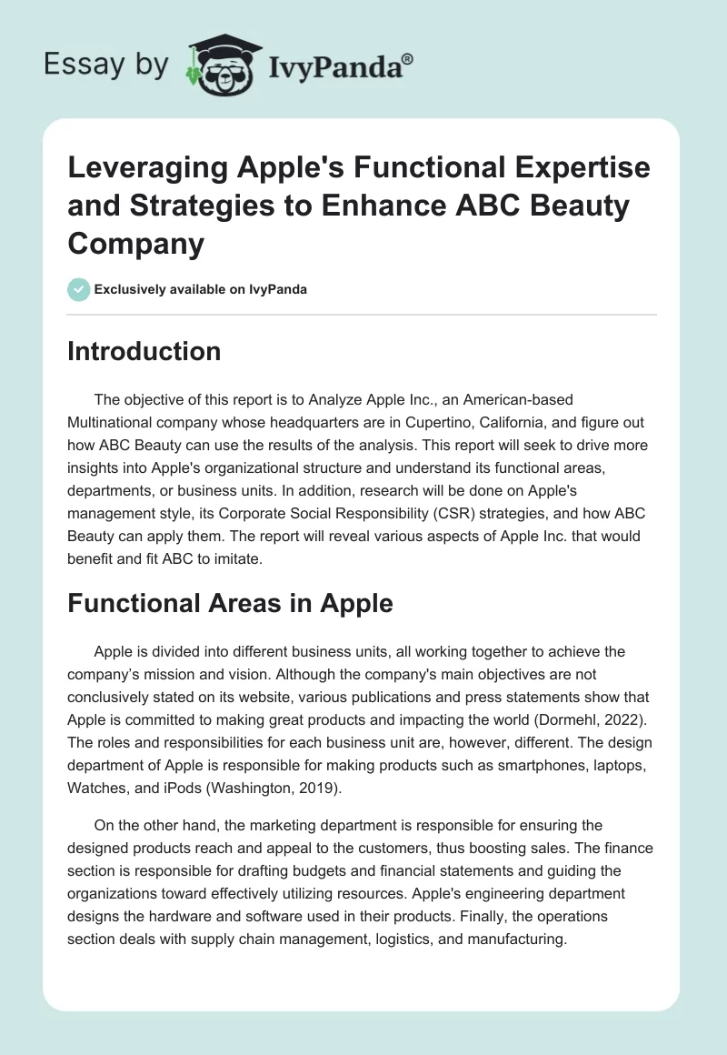 Leveraging Apple's Functional Expertise and Strategies to Enhance ABC Beauty Company. Page 1