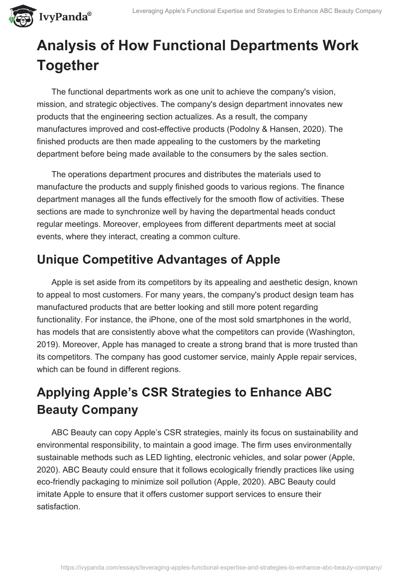 Leveraging Apple's Functional Expertise and Strategies to Enhance ABC Beauty Company. Page 2