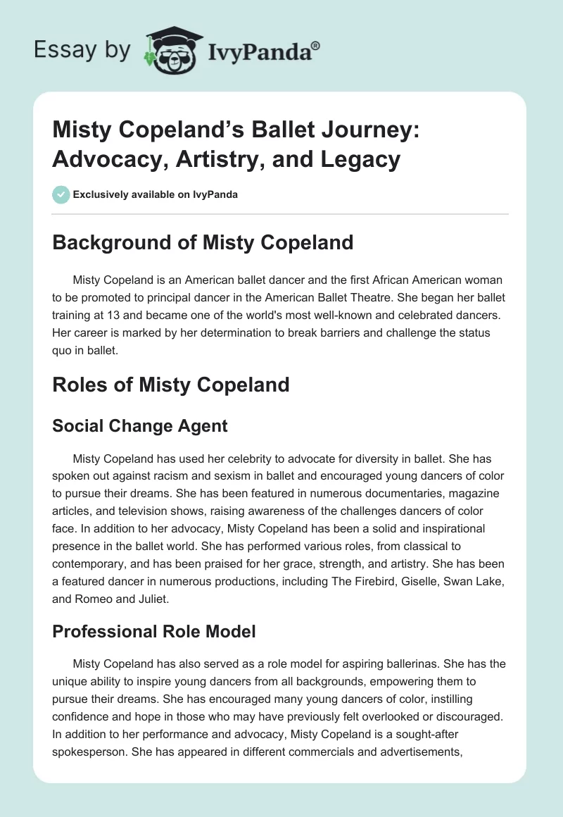 Misty Copeland’s Ballet Journey: Advocacy, Artistry, and Legacy. Page 1