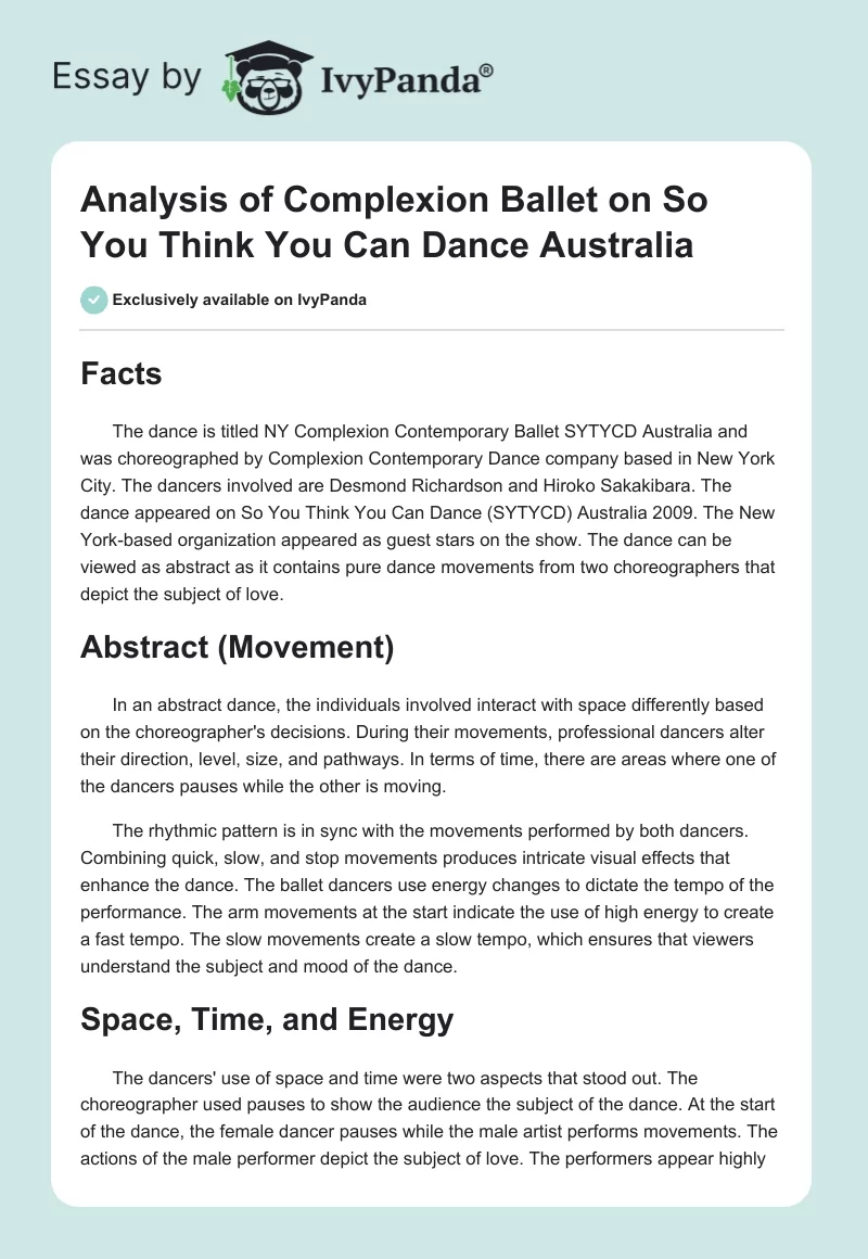 Analysis of Complexion Ballet on So You Think You Can Dance Australia. Page 1